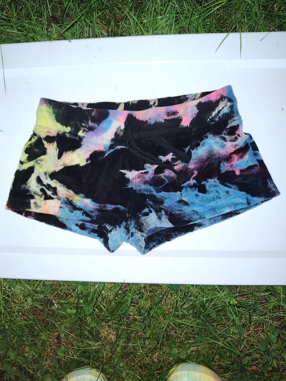 Hard Tail Black Tie-Dye Shorties with Blue, Pink, Yellow Accents